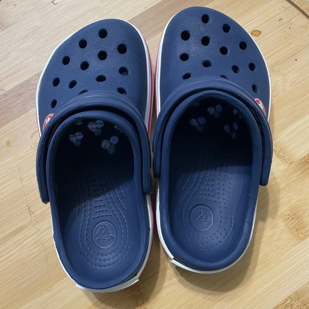 Crocs Clogs Kids‎ Size 8-9 Navy Blue Crocband Sporty Racing Stripe Slip On Shoes